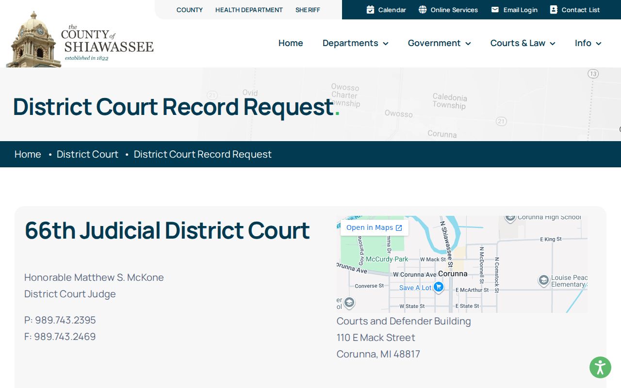 Shiawassee civil docket 66th District Court record request instructions