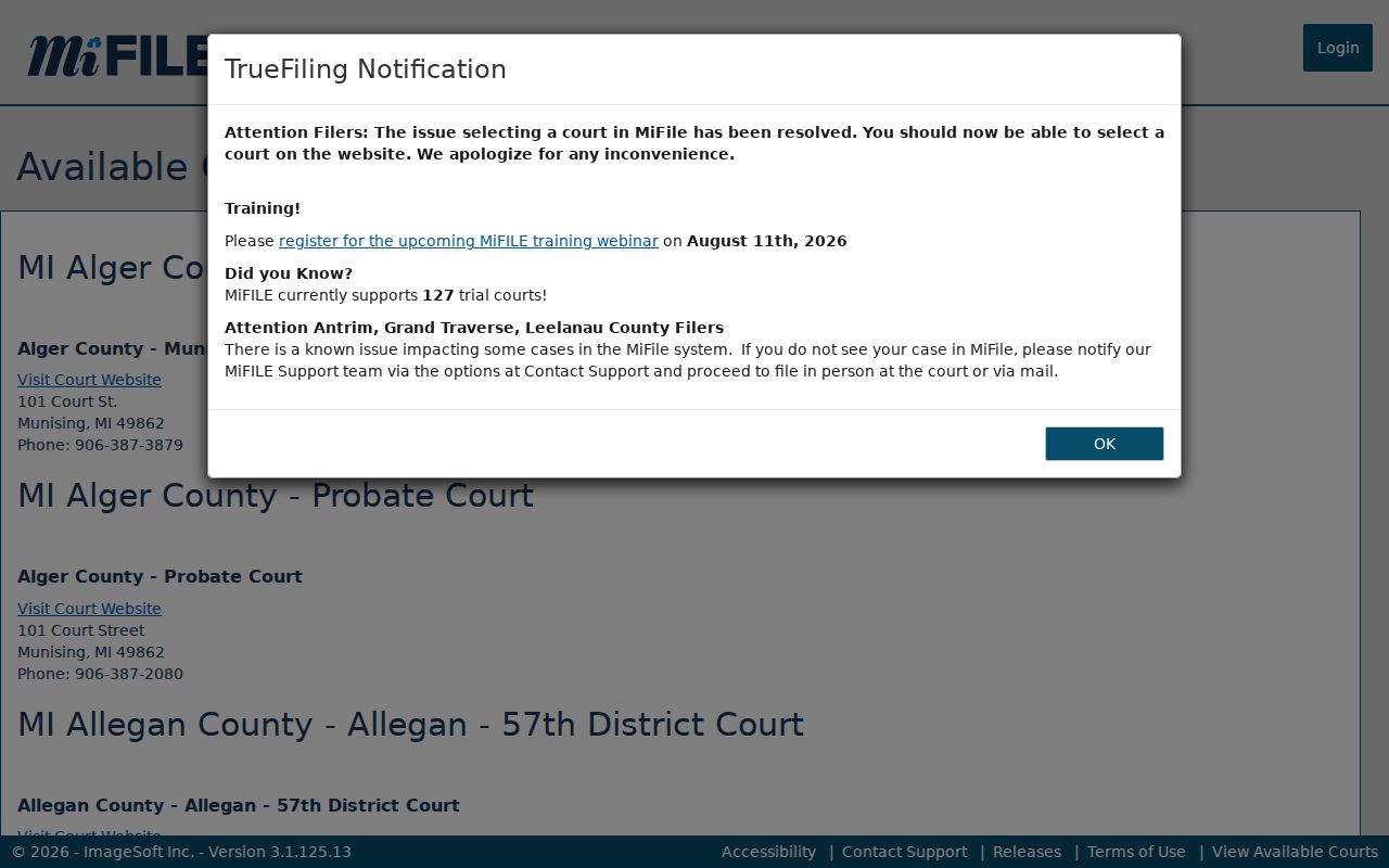 Shiawassee civil docket MiFILE available courts listing