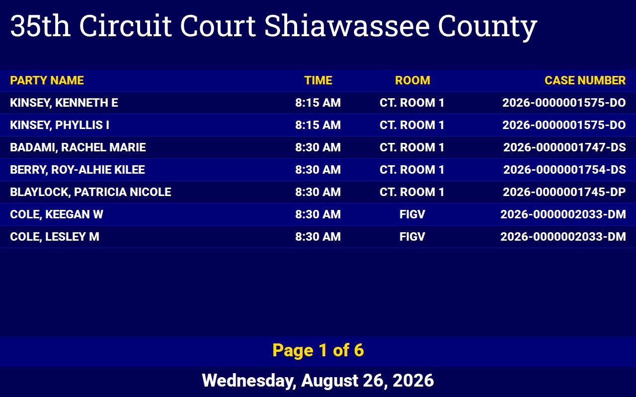 Shiawassee court dates 35th Circuit daily docket display