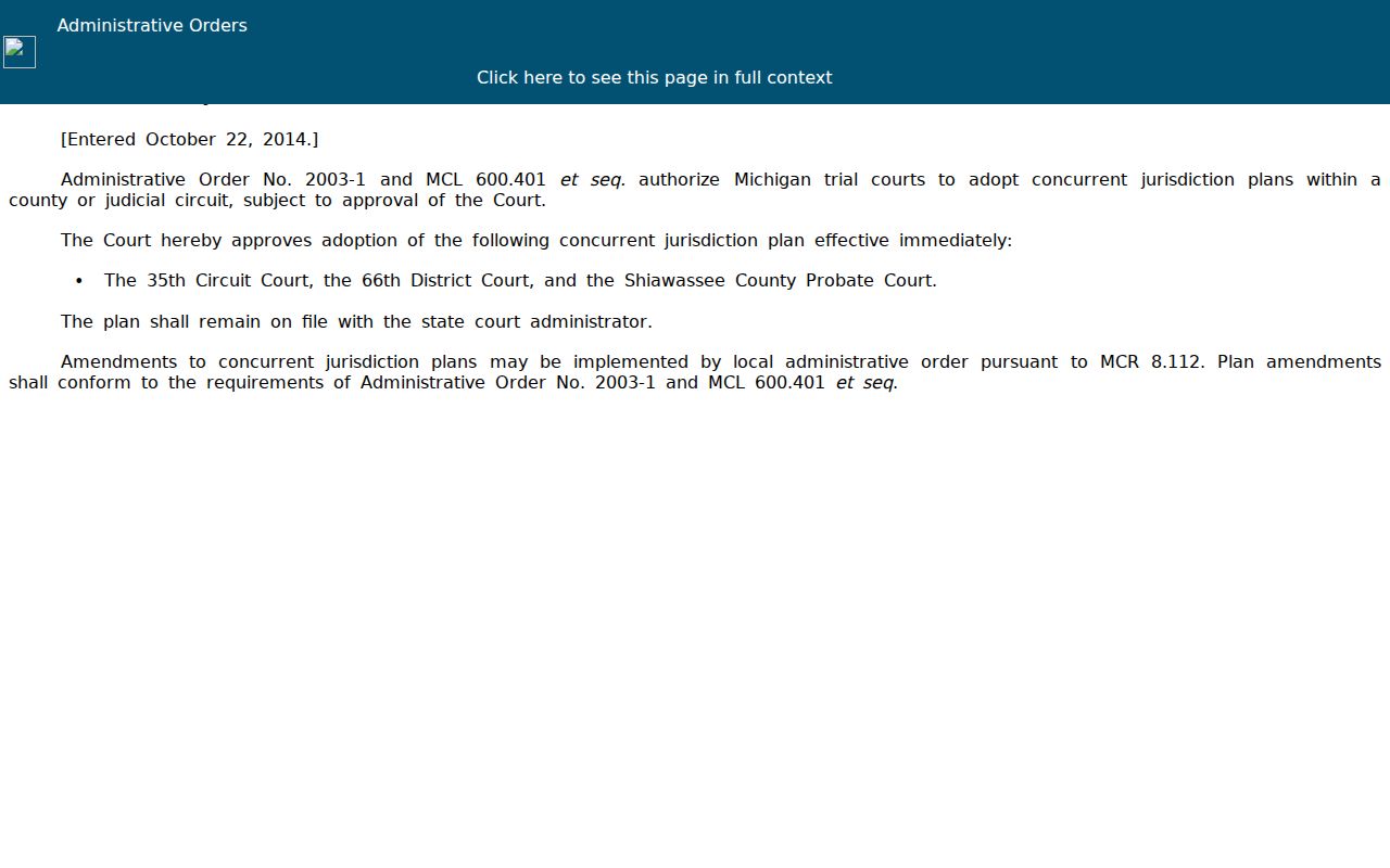 Shiawassee court record administrative order on trial court coordination