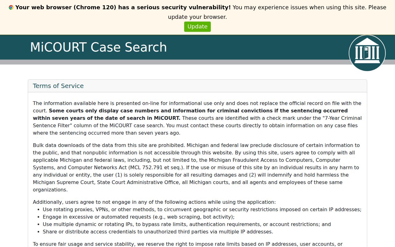 Shiawassee County court docket MiCOURT case search interface