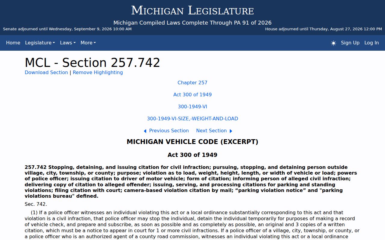 Shiawassee traffic tickets Michigan traffic citation statute
